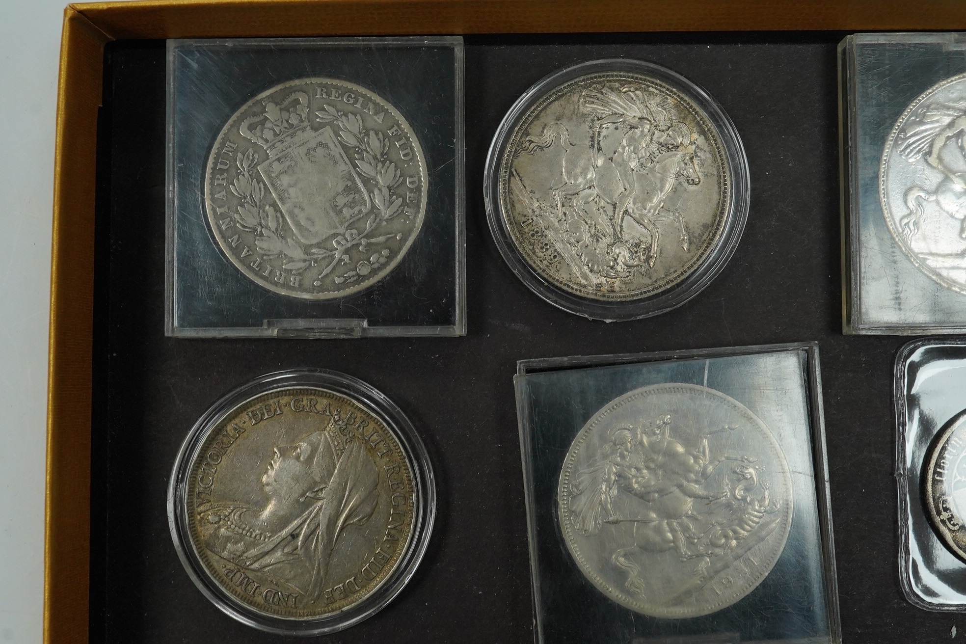 British silver coins, five Victoria crowns, 1844 VG, 1889 about EF, 1889 Fine, 1893 VG, 1895 near VF, 1902 shilling, good VF, four various shillings, 1873 Gothic florin, three later crowns, 1935 about EF, 1937 EF and 195